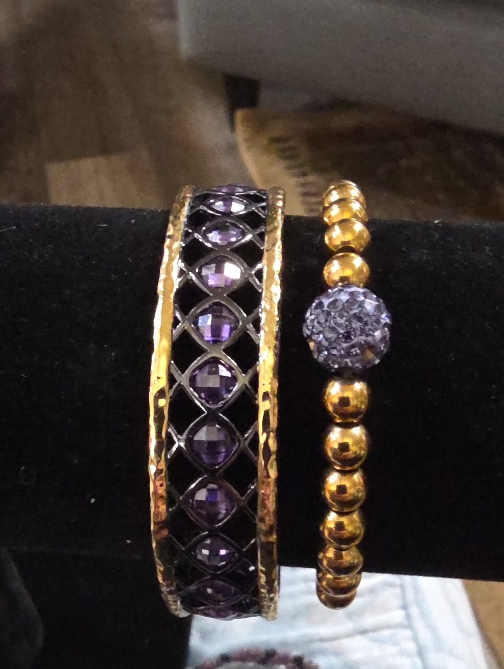 Stunning, Rustic Cuff Gold Tone and Purple Crystal Bracelet Set Of 2. Very Nice.